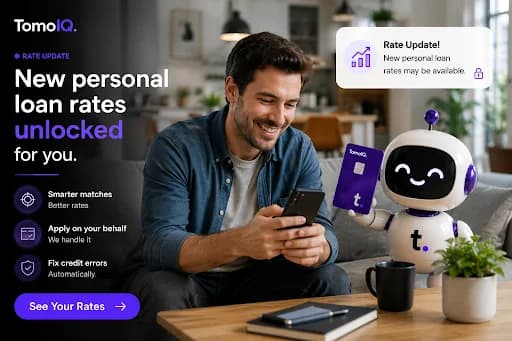 A man checking a rate update notification from the TomoIQ mascot on his phone at home