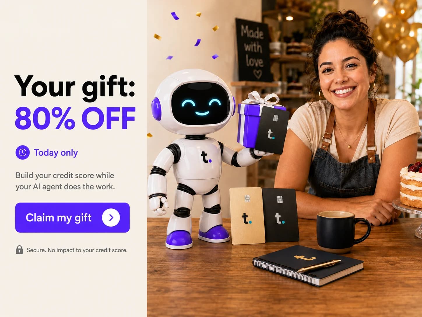 A small business owner smiling at a table with the TomoIQ mascot and a Tomo Card