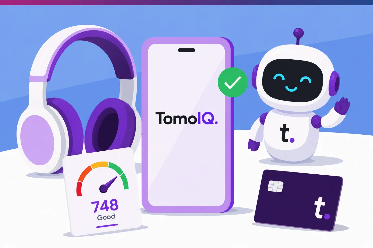 A credit score gauge reading 748 Good next to the TomoIQ mascot and a Tomo Card