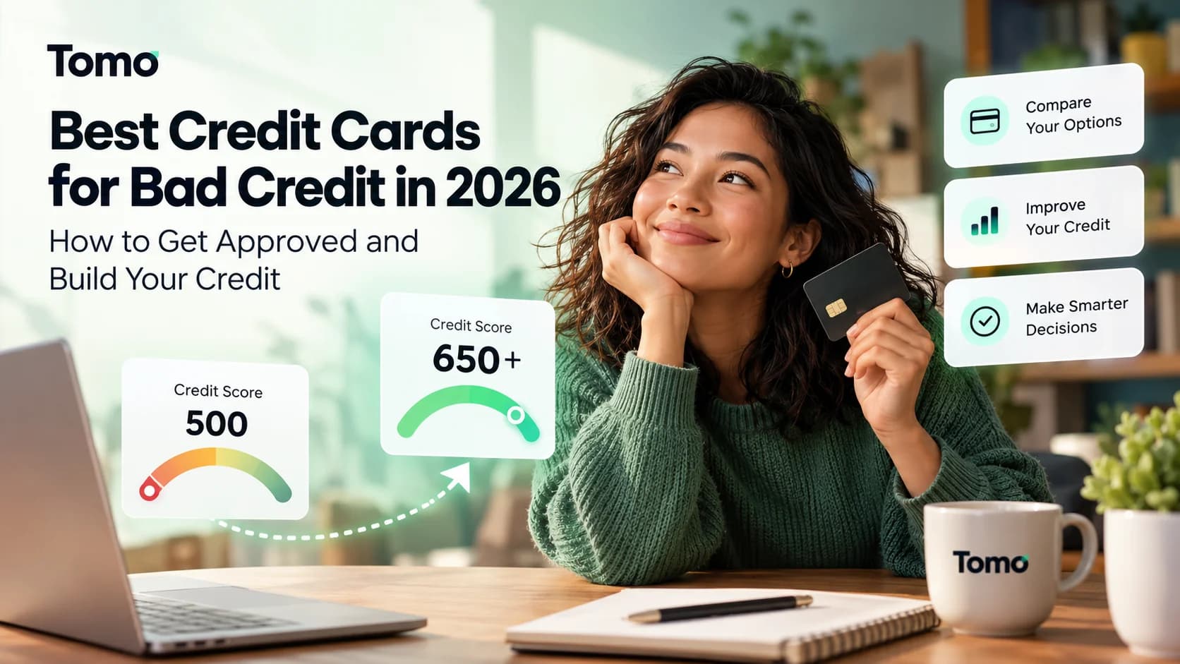Smiling woman in a green sweater holding a black credit card at a desk, with credit score gauges showing 500 rising to 650+ and a Tomo mug beside a laptop.