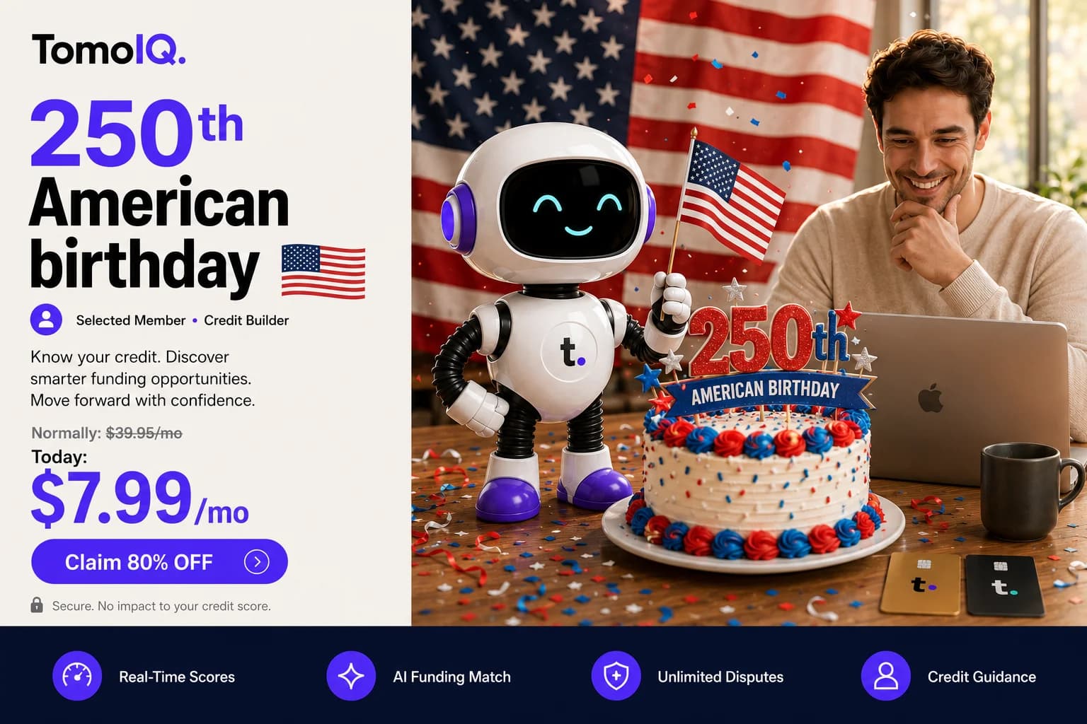 The TomoIQ mascot next to a man at his laptop with an American flag and a 250th American Birthday cake