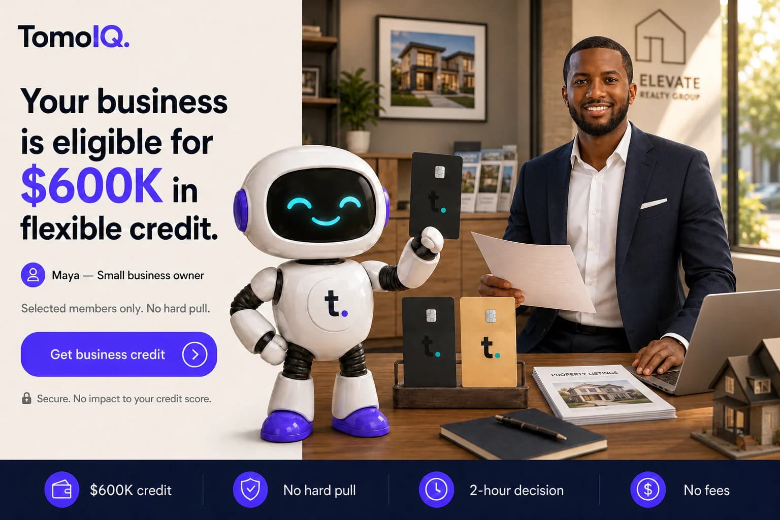 The TomoIQ mascot next to a small business owner reviewing Tomo cards, with text reading 'Your business is eligible for $600K in flexible credit'