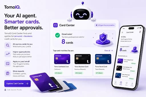 The TomoIQ Card Center showing personalized card matches and approval odds