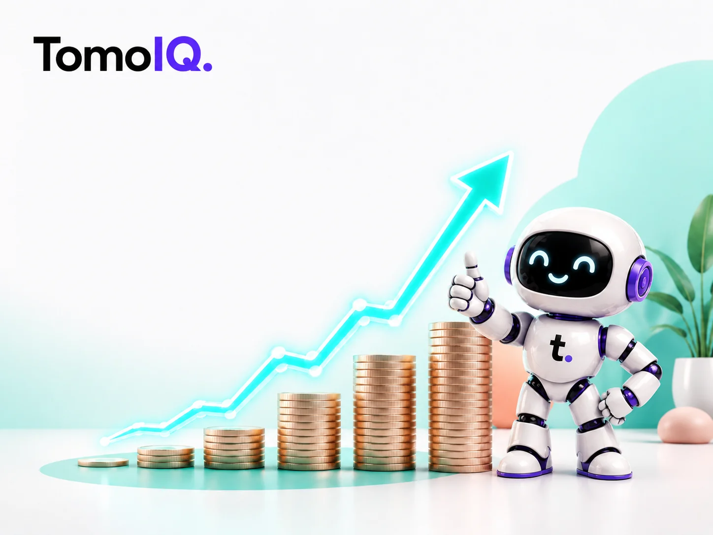 A rising stack of coins next to an upward trend line and the TomoIQ mascot giving a thumbs up