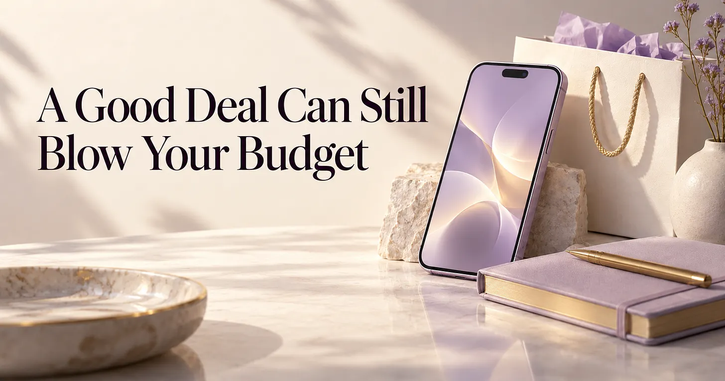 Smartphone on a stone stand surrounded by a notebook, pen, shopping bag, flowers, and bowl on a light surface.