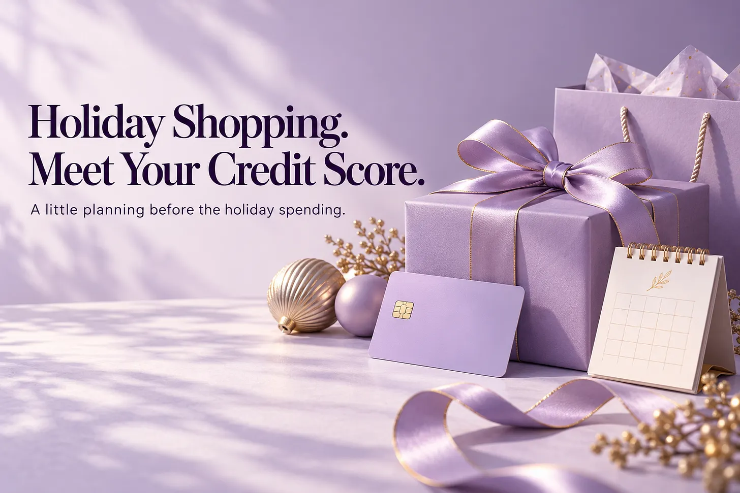 Lavender gift box with gold-edged ribbon, a lavender credit card, a gold ornament, and a blank desk calendar on a pale table, with the headline 'Holiday Shopping. Meet Your Credit Score.'