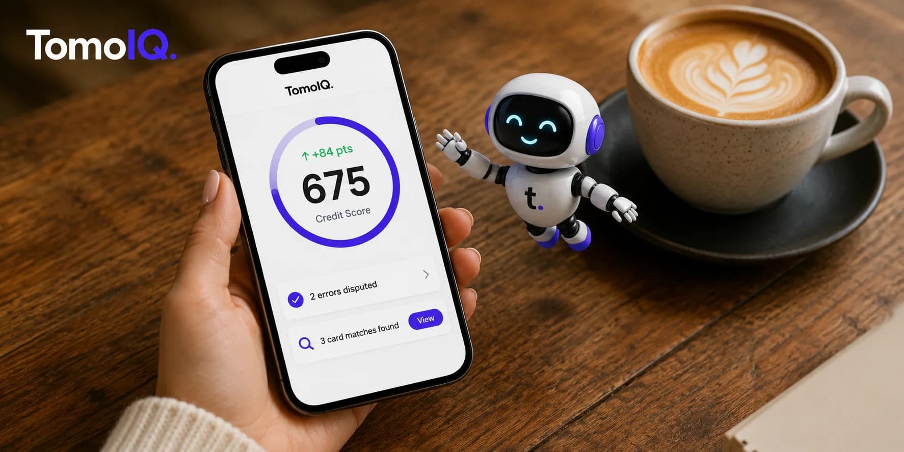 A phone showing a TomoIQ credit score of 675 next to a cup of coffee and the TomoIQ mascot