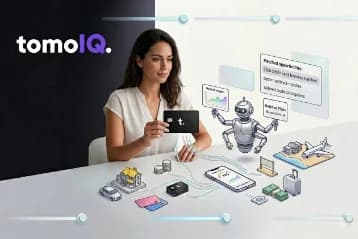 A woman reviewing a Tomo Card next to icons representing long-term financial goals like a house, car, and travel