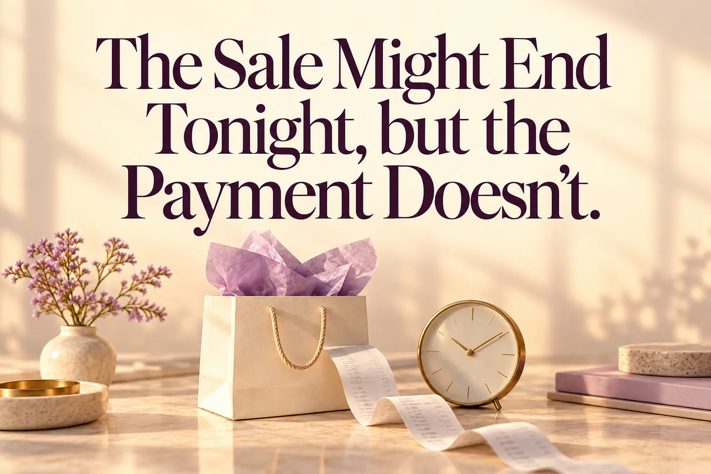 Shopping bag with purple tissue paper, receipt tape, and clock on a desk with flowers and decorative items.