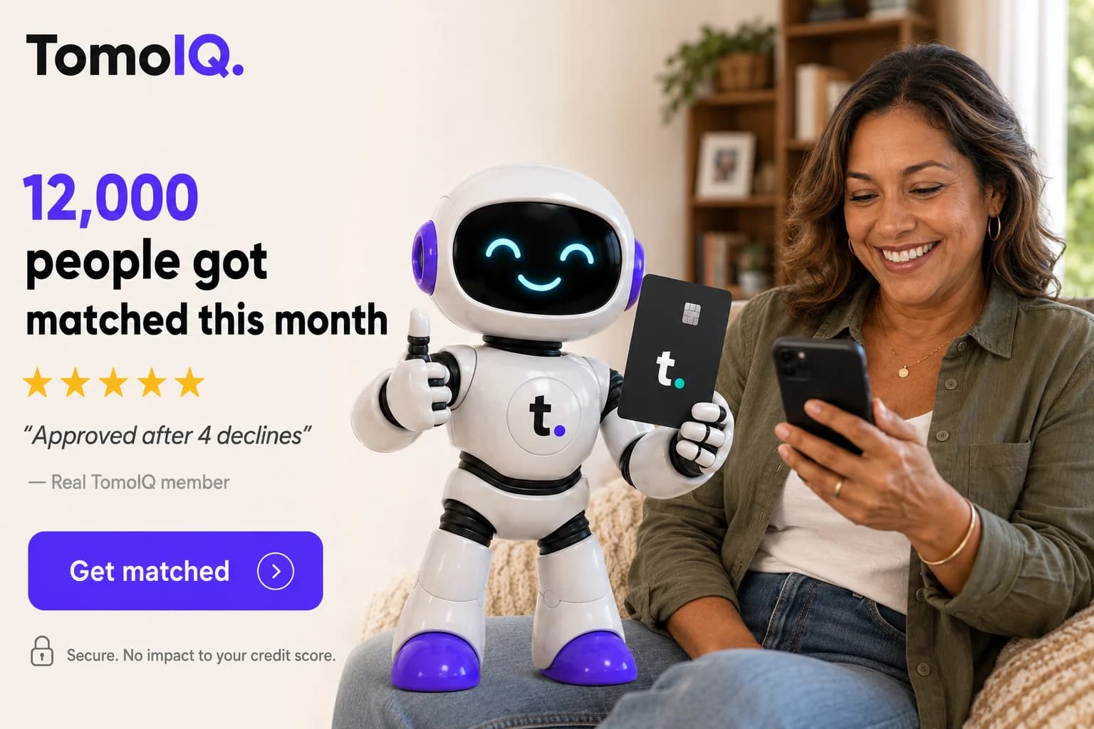 The TomoIQ mascot giving a thumbs up next to a woman on her phone, with text reading '12,000 people got matched this month'