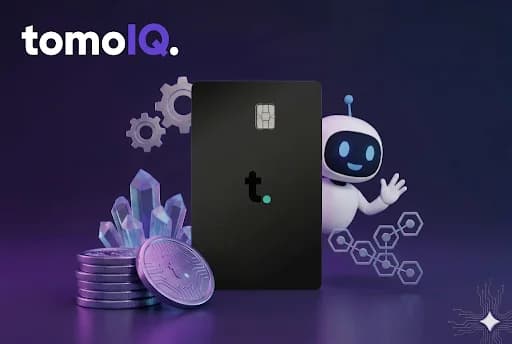 A Tomo Card next to the TomoIQ mascot, gears, and crystals representing technology and financial data