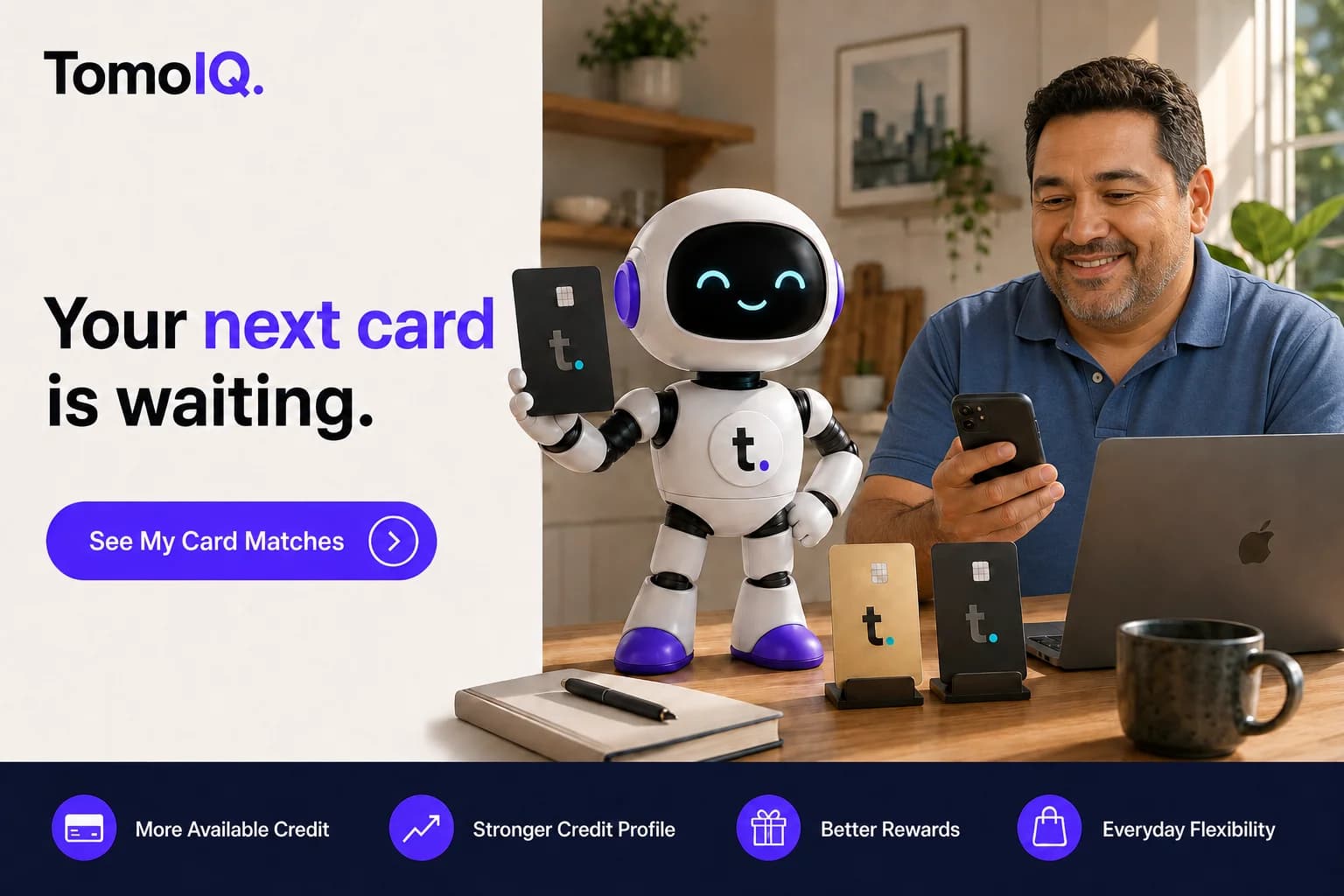 A man reviewing his Tomo Card matches on his phone next to the TomoIQ mascot at home